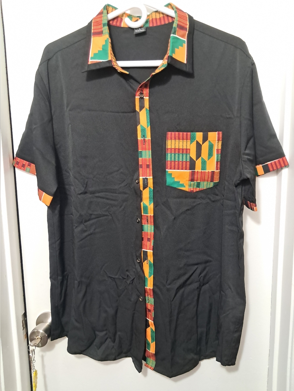 Men's Black Short-Sleeve Button-Down Shirt with Kente Trim